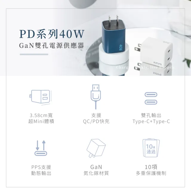 【KINYO】40W雙孔 氮化鎵PD充電組 附Type-C充電線 充電器/快充頭/充電頭/插頭(APDCB-140)
