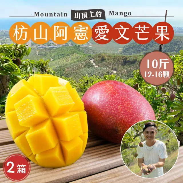 【初品果】屏東青農楊忠憲-枋山阿憲愛文芒果含箱重10斤12-16顆x2箱(外銷大果_山頂上的愛文芒果 禮盒)