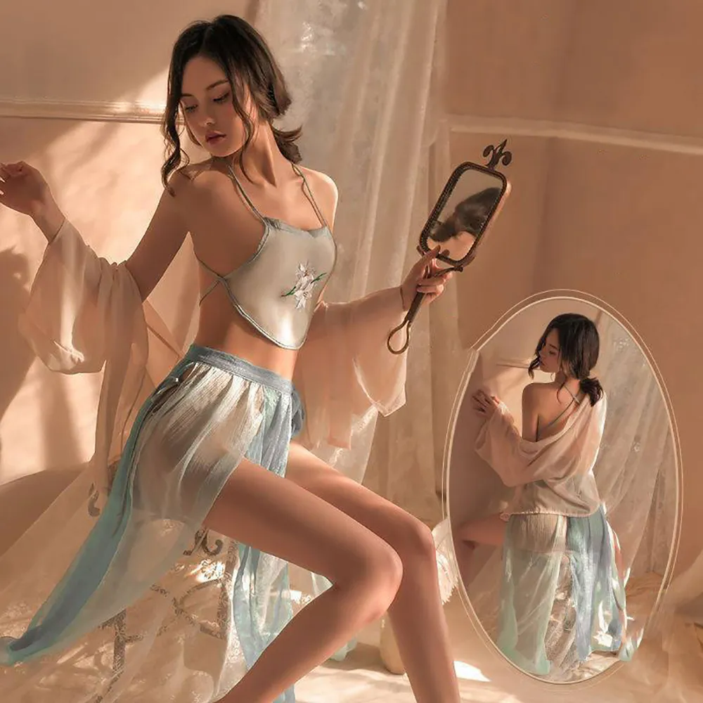 【Sexy angel】仙女古典宮廷風雪紡紗肚兜開叉裙旗袍外衫套裝情趣睡衣(情趣內衣角色扮演服 兩色-藍色)