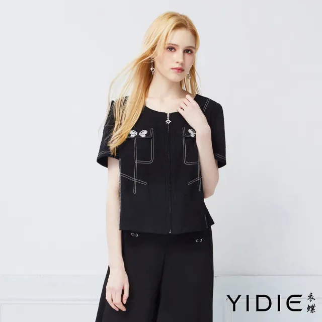 【YIDIE】蝴蝶結刺繡造型口袋拉鍊上衣-黑