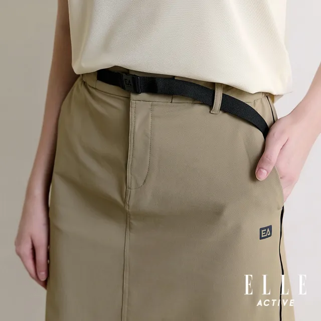 【ELLE ACTIVE】女款 可調式腰帶撞色線條中長裙-卡其色(EA26S1W2205-82)