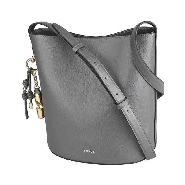【FURLA 芙拉】FURLA Roxie金字LOGO小牛皮磁釦式斜背/肩背水桶包(小/都市灰)