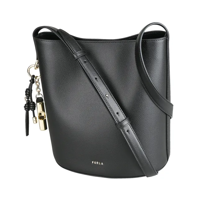 【FURLA 芙拉】FURLA Roxie金字LOGO小牛皮磁釦式斜背/肩背水桶包(小/黑)