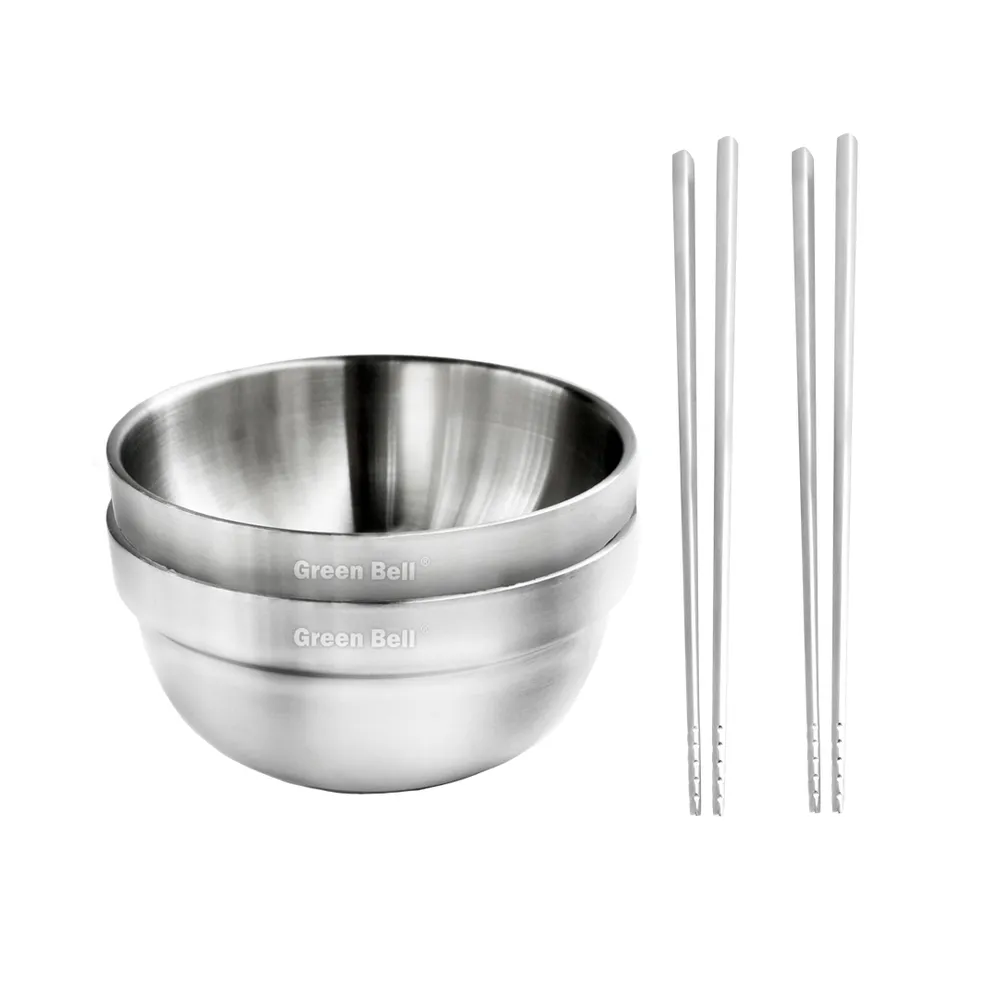 【GREEN BELL 綠貝】4件組 316不鏽鋼雙層隔熱碗筷組-12.5cm白金碗2入+316防滑筷2雙(防燙 耐酸 環保 SGS)