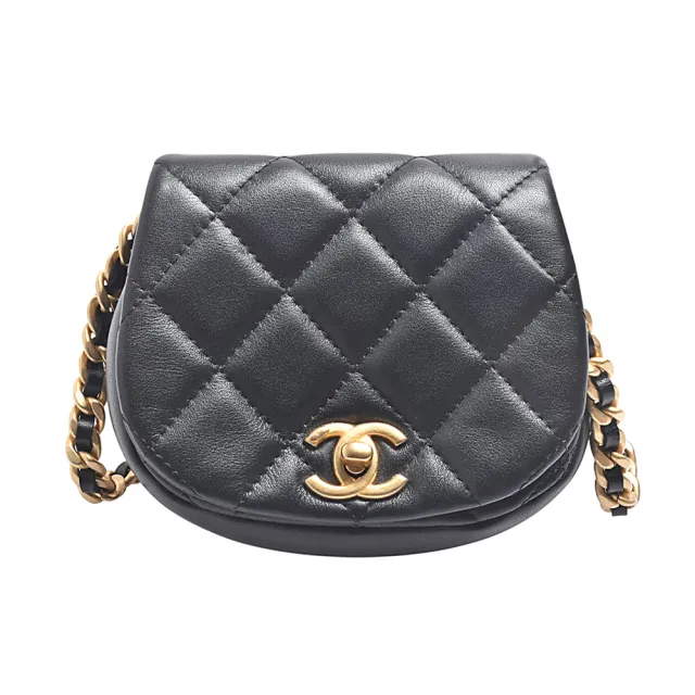 【CHANEL 香奈兒】經典雙C LOGO菱格紋羊皮鏈帶迷你馬鞍包/斜背包(黑色)