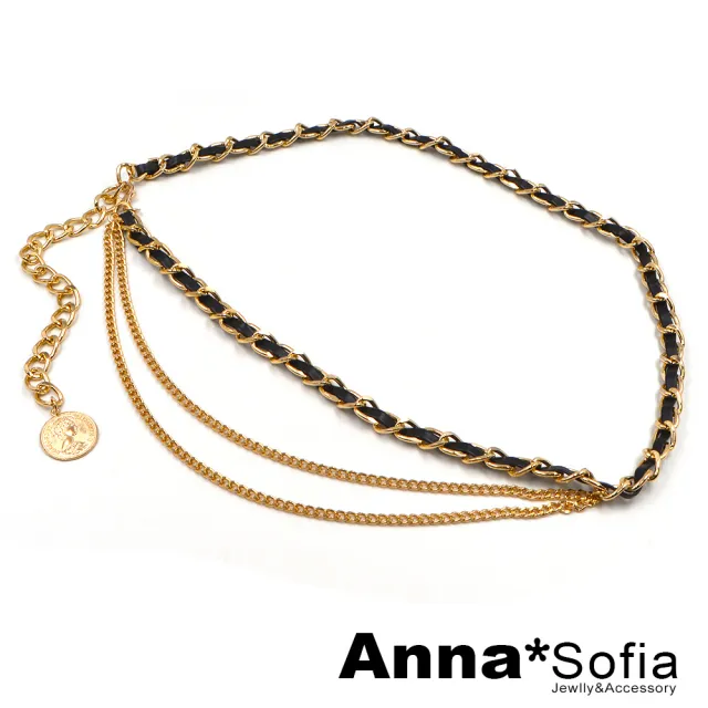 【AnnaSofia】波希米亞腰鍊腰帶-皮革繞鍊帶 多層次鍊(金系)