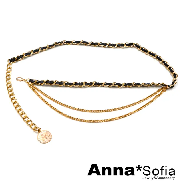 【AnnaSofia】波希米亞腰鍊腰帶-皮革繞鍊帶 多層次鍊(金系)
