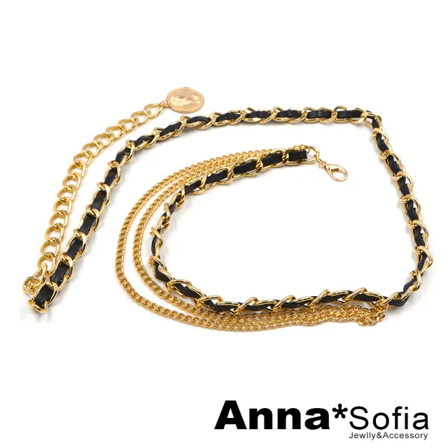 【AnnaSofia】波希米亞腰鍊腰帶-皮革繞鍊帶 多層次鍊(金系)