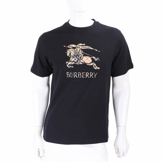 【BURBERRY 巴寶莉】漸層格紋戰馬騎士印花棉質黑色短袖TEE T恤-男女可穿
