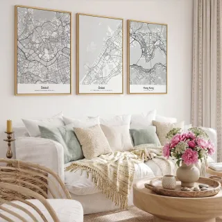 【菠蘿選畫所】城市地圖掛畫-亞洲｜東京 首爾 香港 新加坡 曼谷 黑白簡約風居家佈置 - 42x60cm
