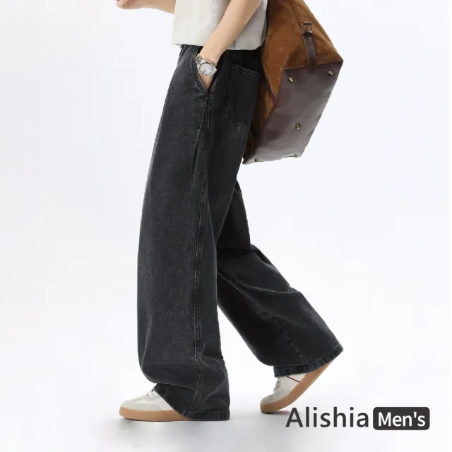 【Alishia】百搭修身打摺直筒男款丹寧褲 長褲 M-3XL (藍色/黑色)