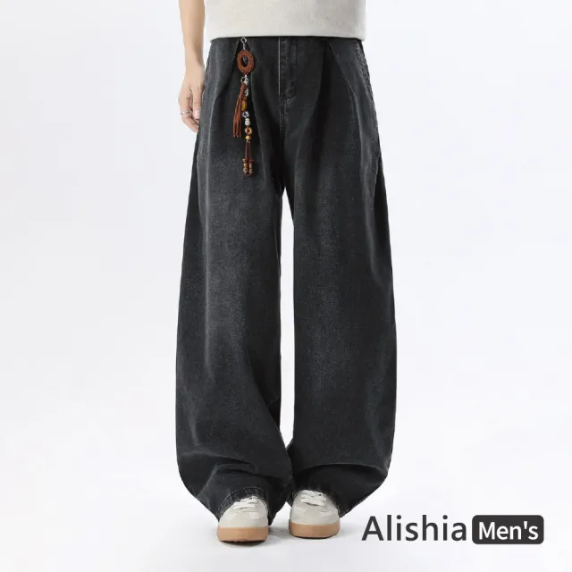 【Alishia】百搭修身打摺直筒男款丹寧褲 長褲 M-3XL (藍色/黑色)