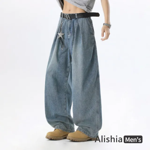 【Alishia】百搭修身打摺直筒男款丹寧褲 長褲 M-3XL (藍色/黑色)