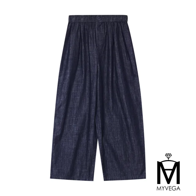 【MYVEGA 麥雪爾】MA純棉輕薄仿丹寧鬆緊腰九分彎刀褲－深藍(女寬褲/錐形褲/括腿褲/涼感褲)
