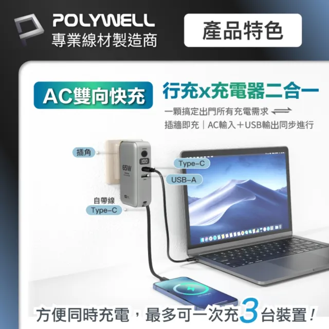 【POLYWELL】ADS014-02 65W二合一行動電源充電器 1萬mAh 1A1C 自帶線Type-C /白色(USB-A/Type-C充電)