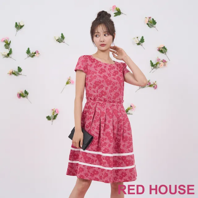 【RED HOUSE 蕾赫斯】亮眼花朵抽褶洋裝(桃紅色)