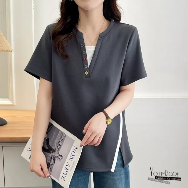 【YOUNGBABY】簡約V領俏皮彩釦假兩件式T中大尺碼女裝
