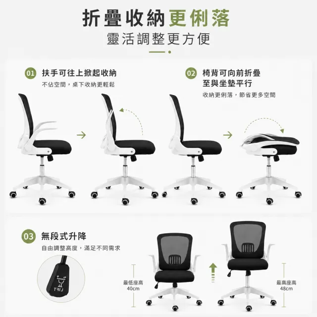 【C-FLY】人體工學折疊收納電腦椅 白框黑網｜透氣網背 寬厚坐墊 可掀扶手(辦公椅/書桌椅/躺椅/會議椅/椅子)