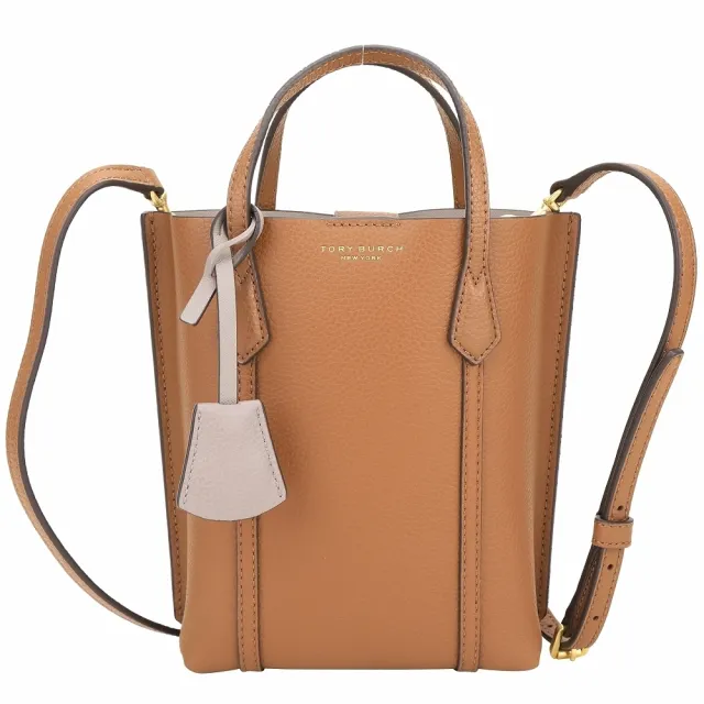 【TORY BURCH】Perry 撞色吊飾拼接皮革直立式迷你手提 斜背托特包-咖棕色