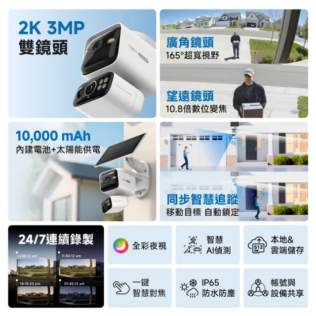 【TP-Link】Tapo C645D KIT 雙2K300萬畫素 太陽能+電池機Wi-Fi無線監視器 室內/室外 望遠+廣角鏡頭 攝影機