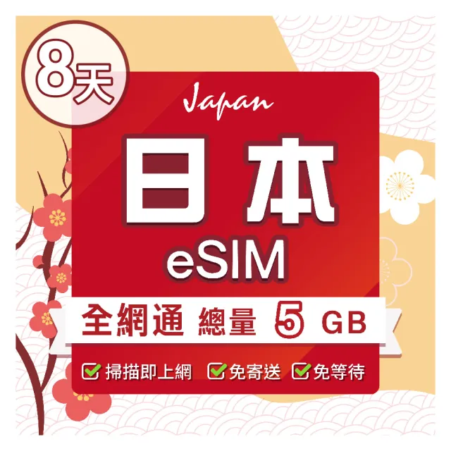 【環亞電訊】eSIM日本全網通8天總量5GB(日本網卡 docomo Softbank 日本 網卡 沖繩 大阪 北海道 東京 eSIM)