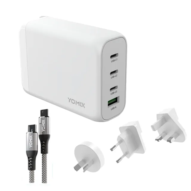 【YOMIX 優迷】萬國轉接頭★130W GaN-X4 type-C/USB-A PD/QC四孔快充充電器(贈100W充電線/支援i18快充)