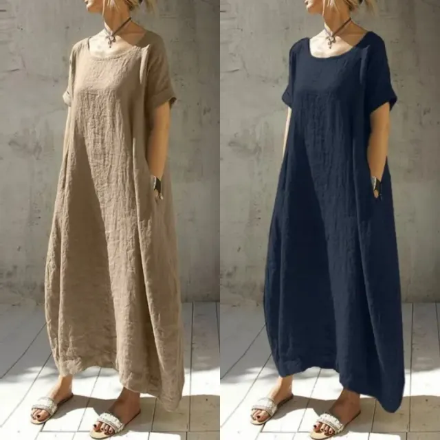 【米蘭精品】現貨出清 連身裙棉麻洋裝長裙連衣裙A字裙休閒大碼女裝(圓領寬鬆短袖女裙子3款74cs38)