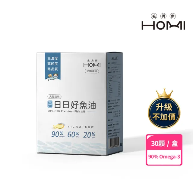 【HOMI 毛與家】90%西班牙頂級魚油-30顆/盒(貓魚油 腥味少 Omega-3 眼睛皮膚保健 寵物魚油 貓狗適用)