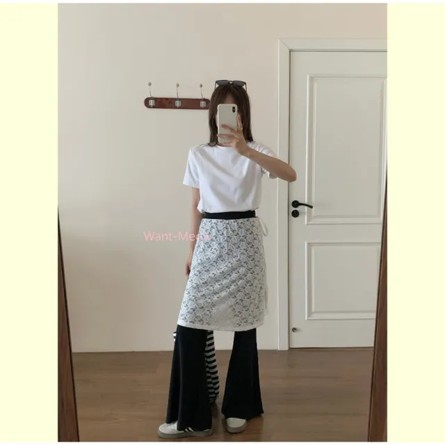 【Want-Meow】90公斤可穿/百搭日系屁簾寬褲超顯瘦假兩件緊褲頭長褲(大碼/大尺碼/加大碼/寬褲)