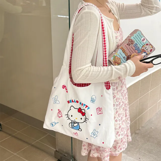 【SANRIO 三麗鷗】雙11 時尚凱蒂貓大容量肩背包HOBO包(托特包 Hello Kitty)