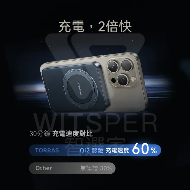 【TORRAS 圖拉斯】Ostand Qi2 10000mAh MagSafe超薄磁吸旋轉支架行動電源(15W/具Wh標示)