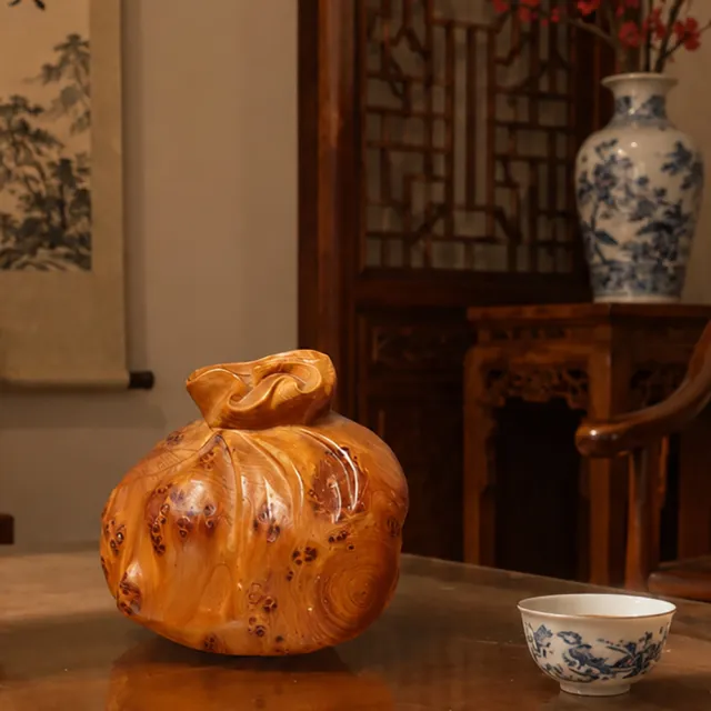 【桃花源創意工坊】招財小福袋木雕擺件雕刻工藝品家居飾品