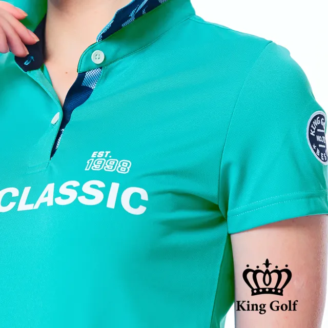 【KING GOLF】網路限定款-女款素色迷彩撞色領logo印花POLO衫/高爾夫球衫-綠色