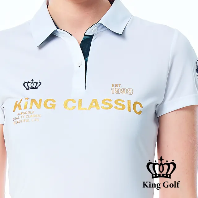 【KING GOLF】網路限定款-女款素色迷彩撞色領logo印花POLO衫/高爾夫球衫-白色