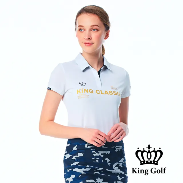 【KING GOLF】網路限定款-女款素色迷彩撞色領logo印花POLO衫/高爾夫球衫-白色
