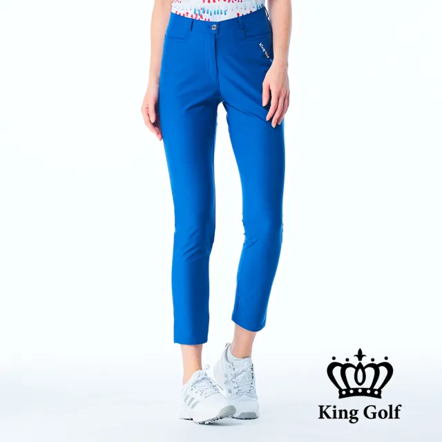 【KING GOLF】網路限定款-女款LOGO燙印舒適修身素面休閒長褲/高爾夫球褲-寶藍色