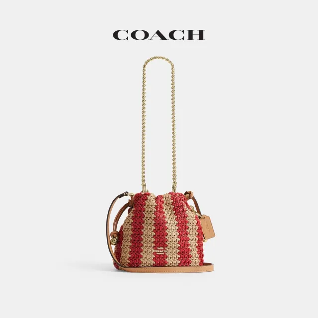 【COACH】蔻馳官方直營 FAYE 條紋圖案迷你拉繩包-IM/紅色/棕黃色(CEN17)