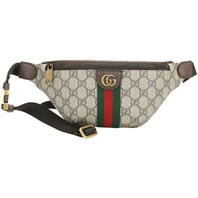 【GUCCI 古馳】Ophidia GG 小款 綠紅綠織帶撞色內裡肩 斜背腰包-烏木色