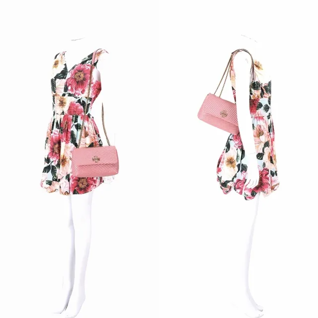【TORY BURCH】Kira Moto牛皮斜紋鍊帶翻蓋包 斜背包-粉色