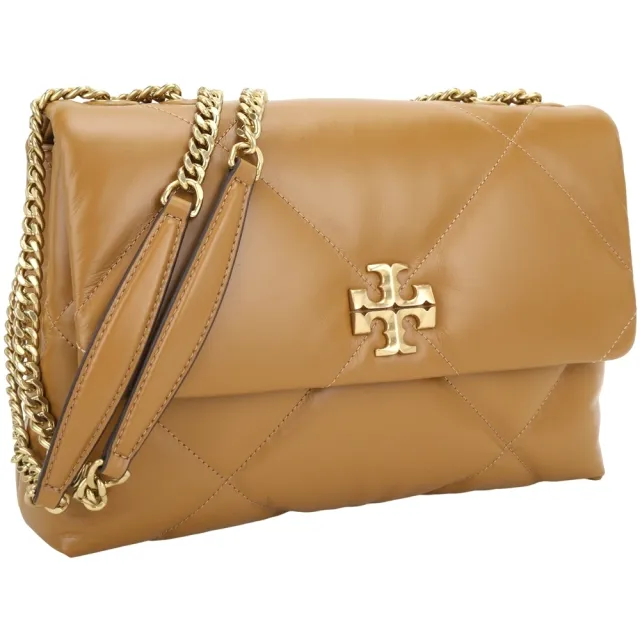 【TORY BURCH】Kira 雙T標誌菱格絎縫牛皮翻蓋肩 斜背鏈帶包-棕色