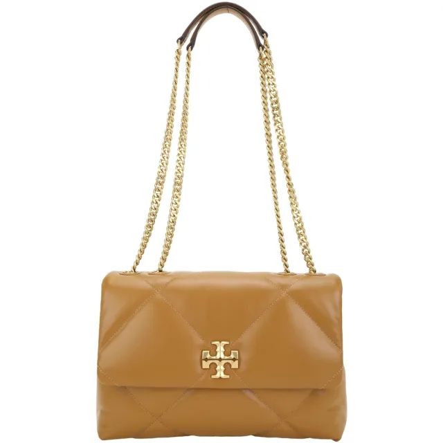 【TORY BURCH】Kira 雙T標誌菱格絎縫牛皮翻蓋肩 斜背鏈帶包-棕色