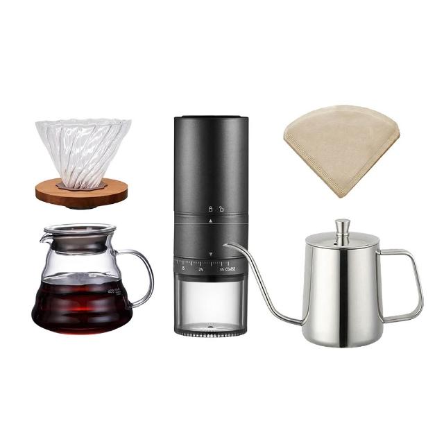 icafe潮咖館 易咖啡手沖5件組(FX-U2外調式磨豆機+手沖壺+木托濾杯+玻璃壺)