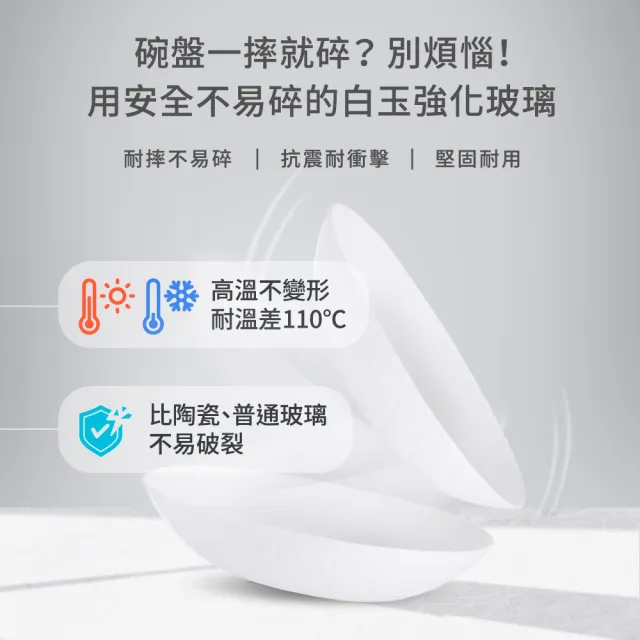 【mo select】任選3組-可微波鑽石系列白玉強化玻璃碗盤多件組(碗盤/餐具/碗/盤子/深盤/可進洗碗機、微波爐)