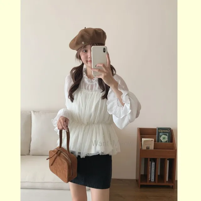 【Want-Meow】80公斤可穿/日系可調肩帶珍珠網紗背心多層次穿搭綁帶背心(大碼上衣/大碼/大尺碼/背心)