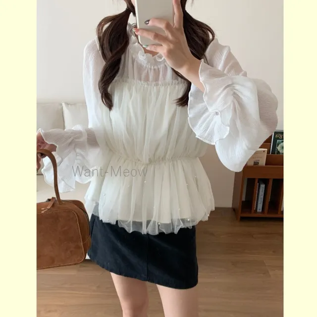 【Want-Meow】80公斤可穿/日系可調肩帶珍珠網紗背心多層次穿搭綁帶背心(大碼上衣/大碼/大尺碼/背心)