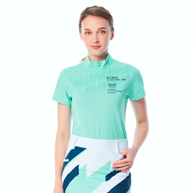 【KING GOLF】網路限定款-女款素色底紋雙色印花立領拉鍊POLO衫/高爾夫球衫-綠色