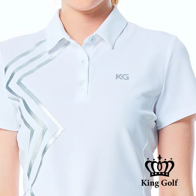 【KING GOLF】網路限定款-女款素色燙銀線條透氣POLO衫/高爾夫球衫-白色