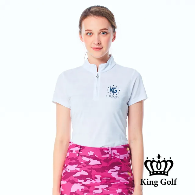 【KING GOLF】網路限定款-女款星星滿版底圖立領POLO衫/高爾夫球衫-白色