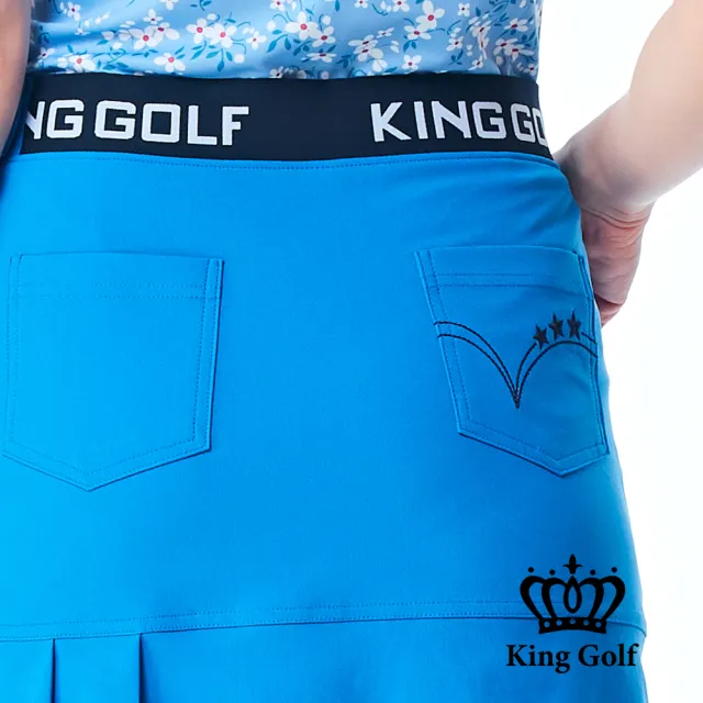 【KING GOLF】網路限定款-女款立體刺繡素面修身荷葉百褶A LINE短裙/高爾夫球裙-藍色