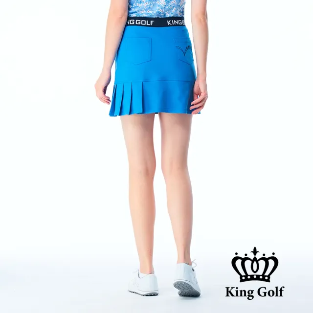 【KING GOLF】網路限定款-女款立體刺繡素面修身荷葉百褶A LINE短裙/高爾夫球裙-藍色